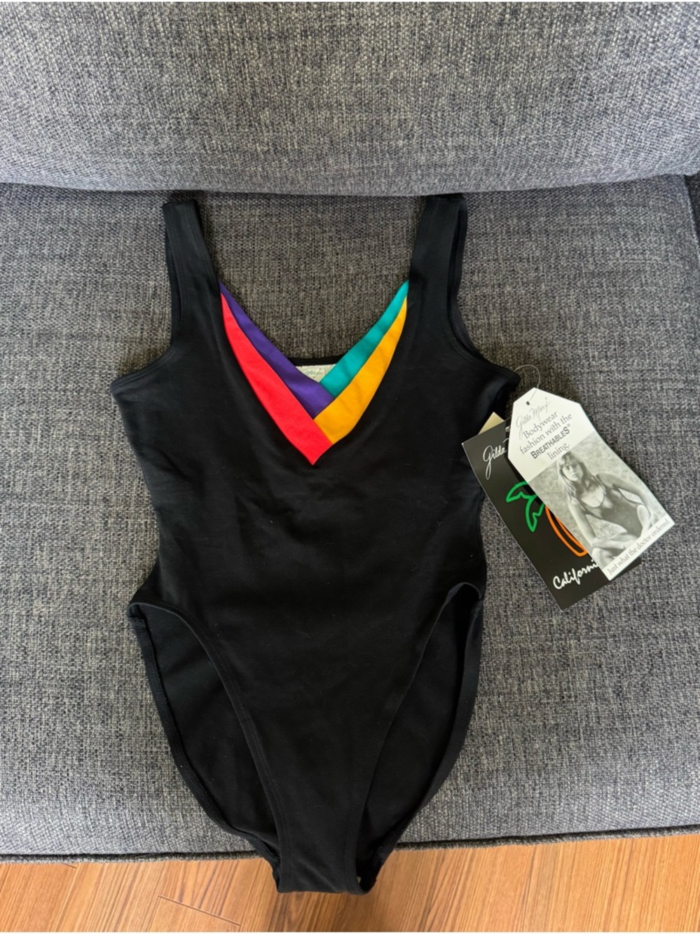 Vintage Gilda Marx Black One-Piece Bodysuit with Multicolor V-Trim